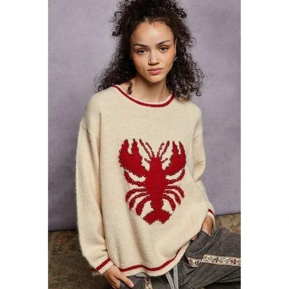 POL Womens Lobster Studded Sweater Small Nautical Whimsical Novelty Eclectic - Picture 1 of 10